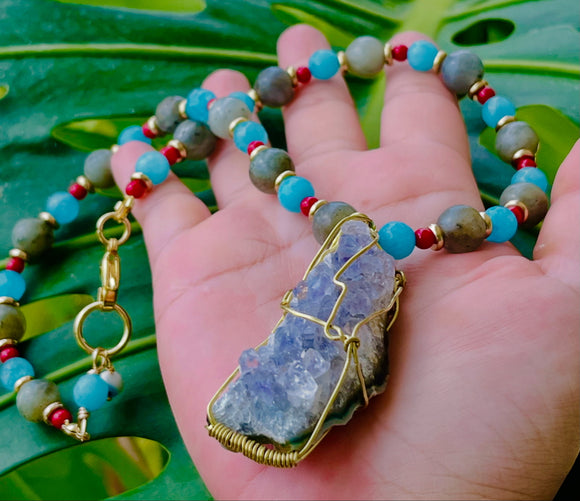 Large Mexican Druzy Amethyst Labradorite Chalcedony Necklace