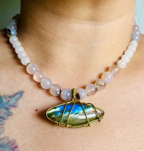 Large Purple Labradorite White Onyx Necklace