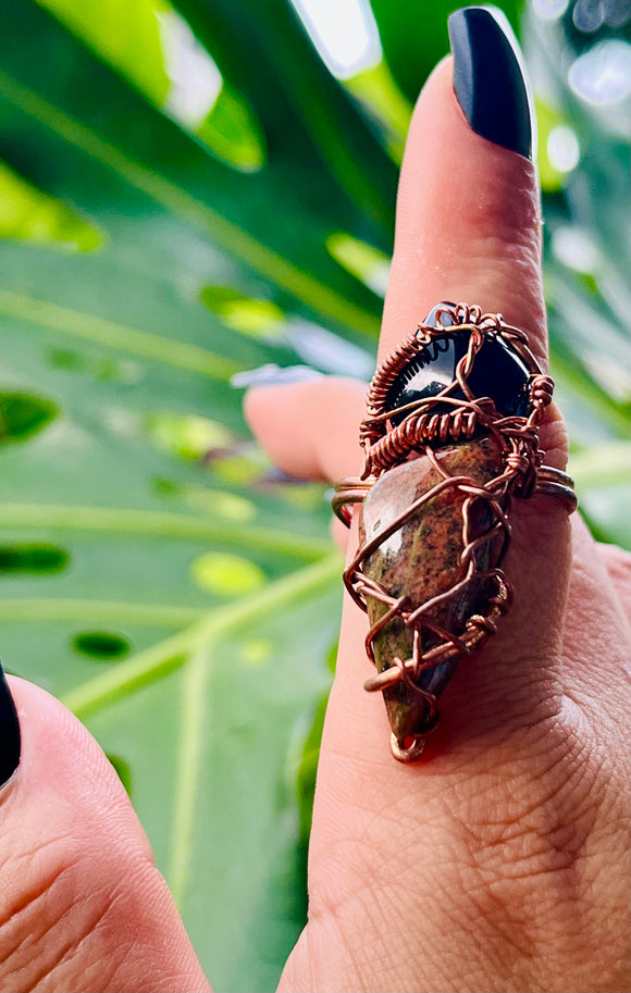 Onyx Unakite Adjustable Ring