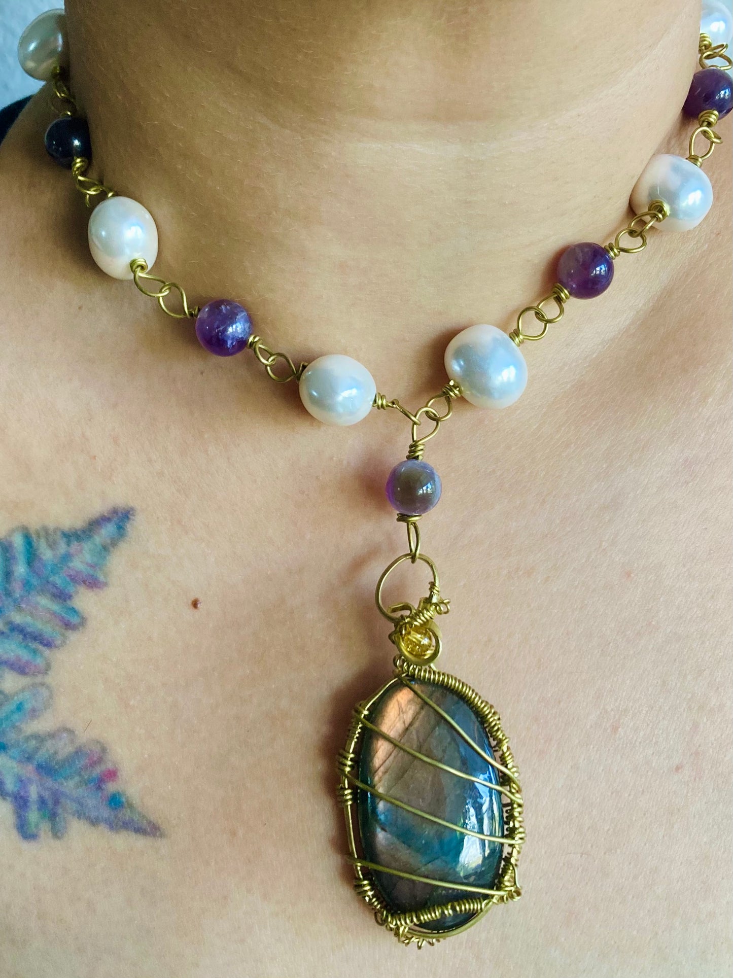 Purple Labradorite Amethyst Pearl Necklace