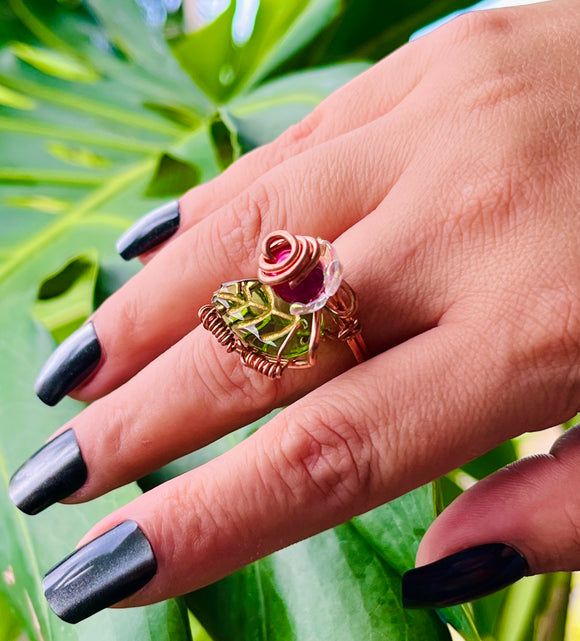 Adjustable Cherry Rose Tigerseye Copper Ring