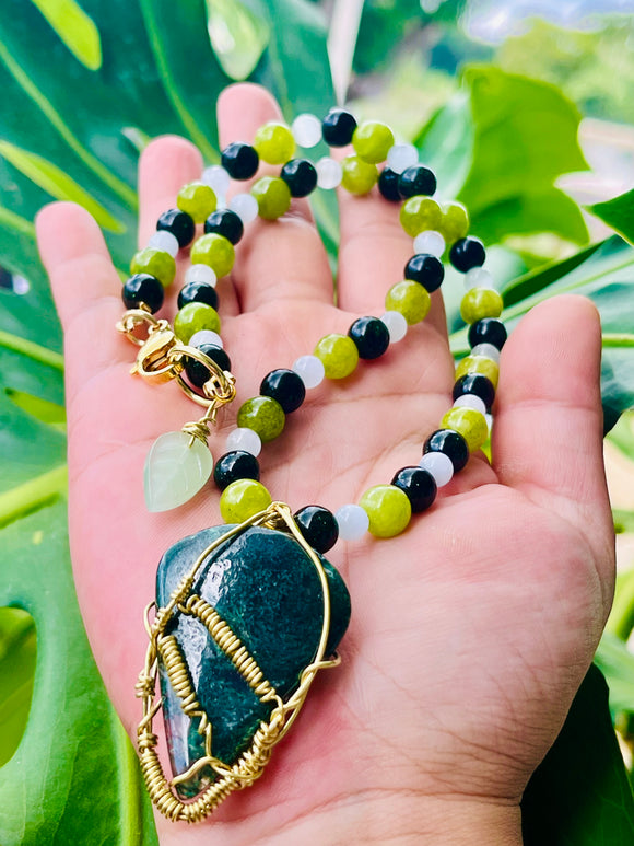 Large Moss Agate ~ Peridot~ Goldstone ~ Selenite ~ Necklace