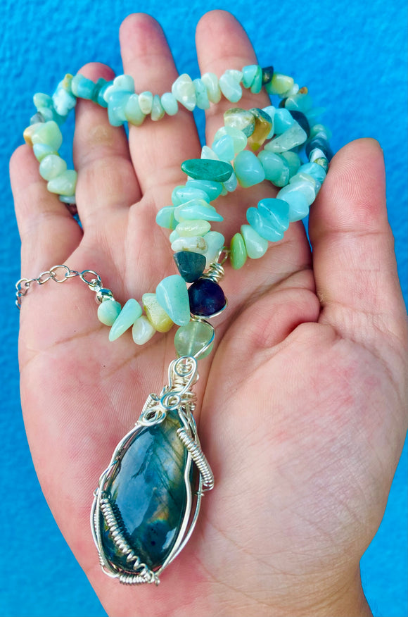Labradorite Amazonite Chip Adjustable Necklace