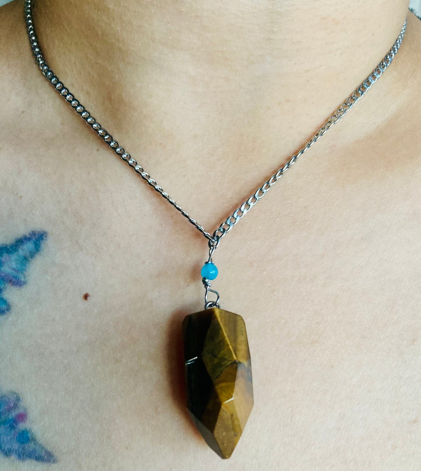 Tigerseye Aquamarine Pendulum Necklace