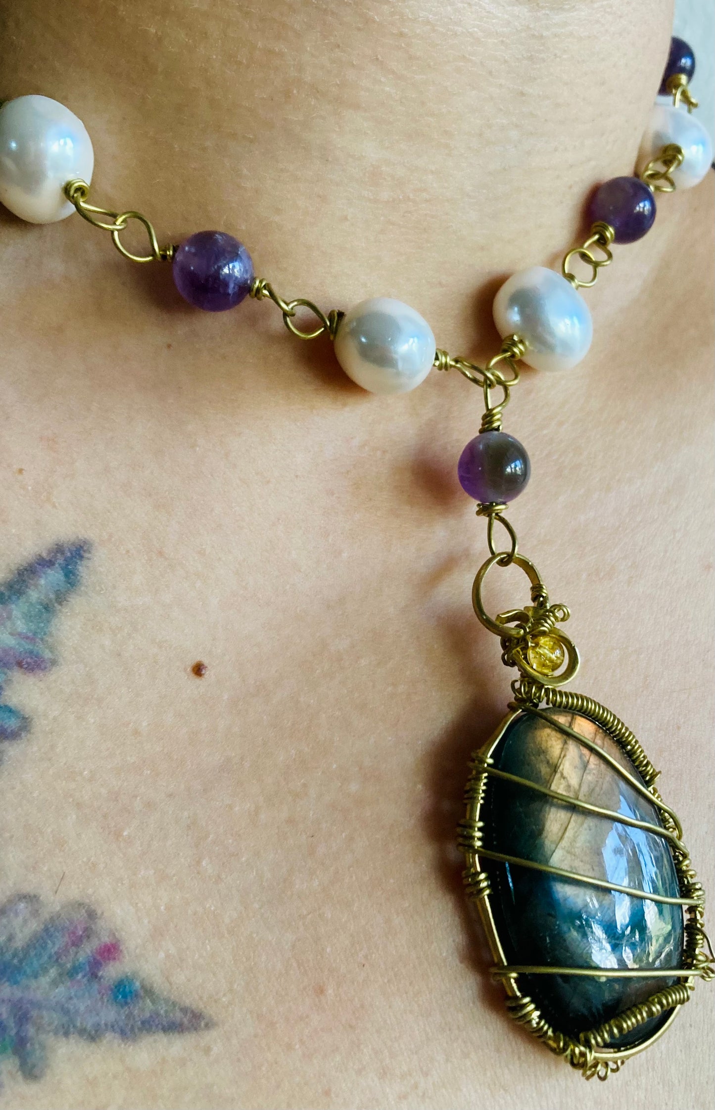 Purple Labradorite Amethyst Pearl Necklace