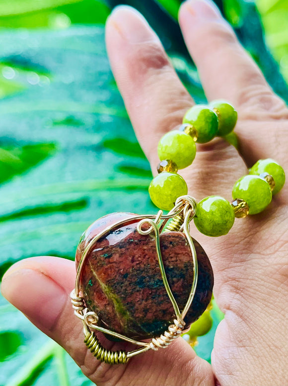 Unakite Heart Peridot Choker / Necklace