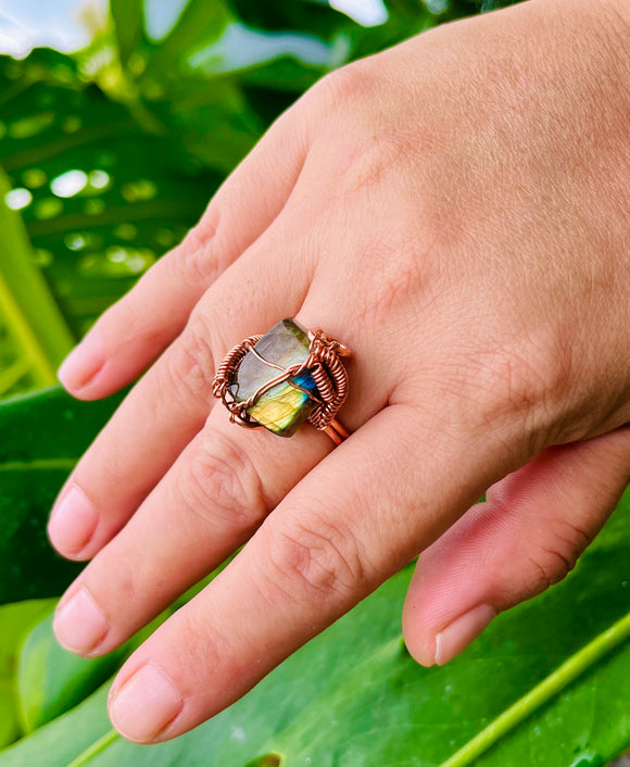 Golden Portal Labradorite Adjustable Copper Ring