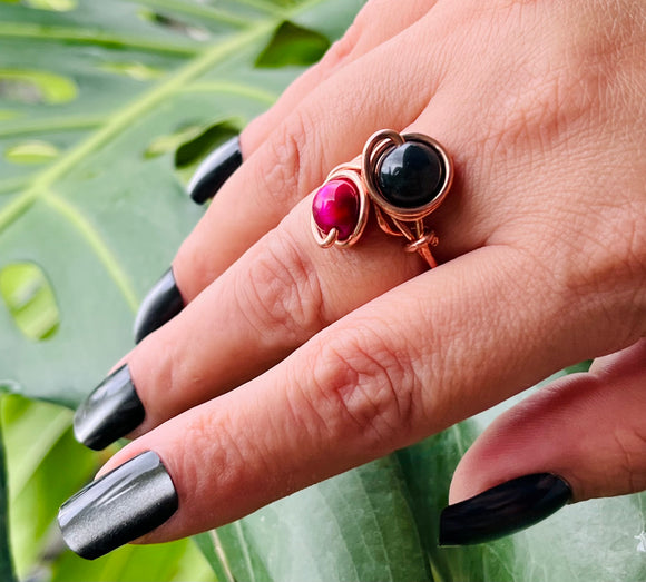 Adjustable Goldstone Tigerseye Copper Ring
