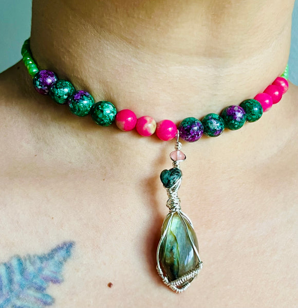 Watermelon Jasper Labradorite African Turquoise Choker