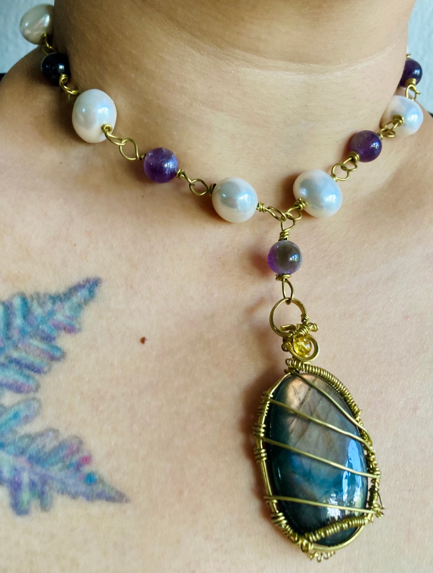 Purple Labradorite Amethyst Pearl Necklace