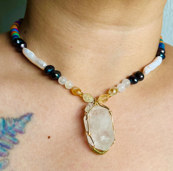 Peruvian Dolphin Quartz Citrine Pearl Choker / Necklace