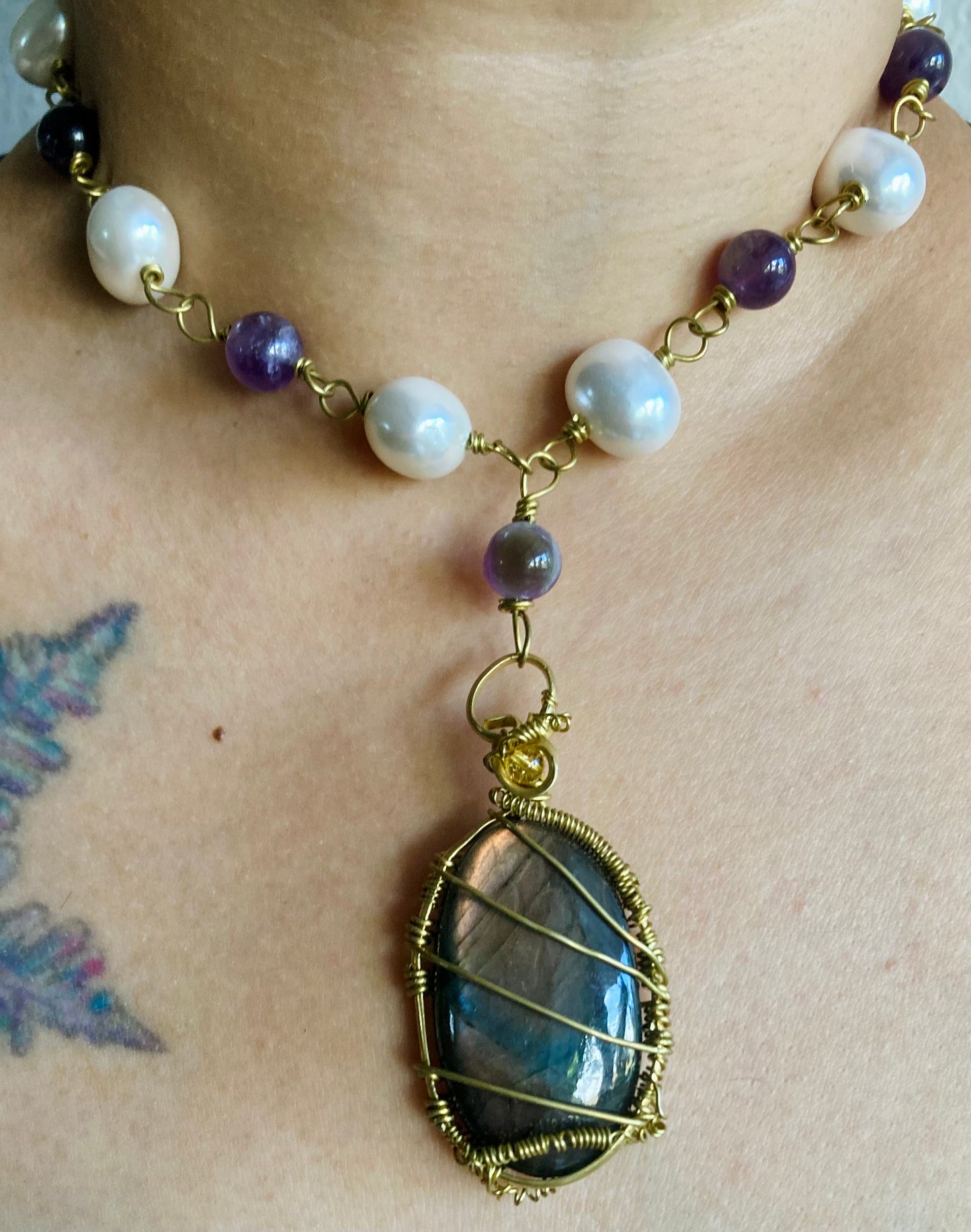 Purple Labradorite Amethyst Pearl Necklace