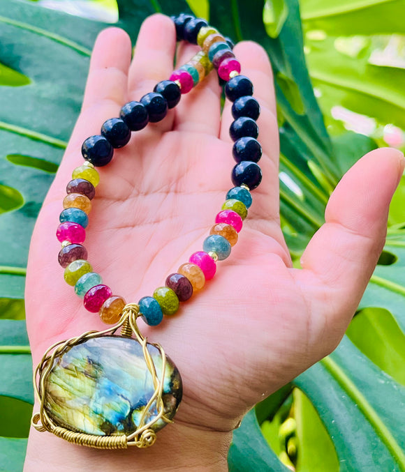 Large Golden Labradorite Rainbow Quartz Goldstone Necklace