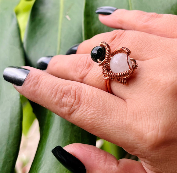 Adjustable Rose Quartz Goldstone Copper Ring